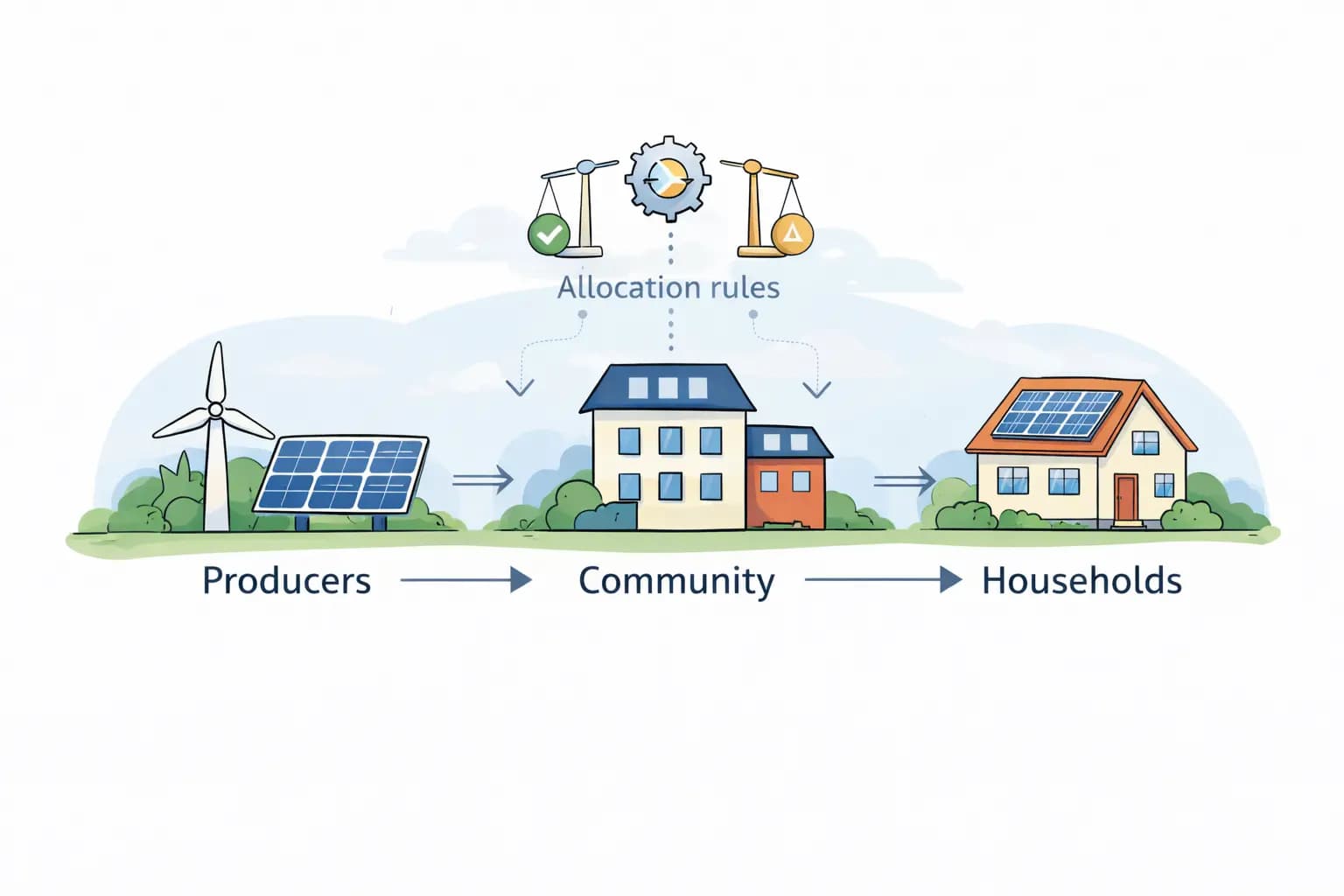 Diagram znázorňující výrobce dodávající energii do komunity a její rozdělení mezi domácnosti a firmy